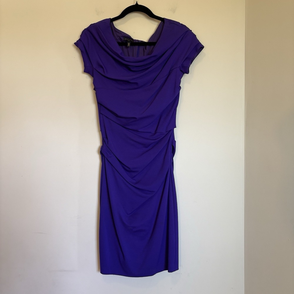 Escada Bright Purple Bodycon Fitted Dress Back‎ Zip Ruched Midi Size 36 / Small
